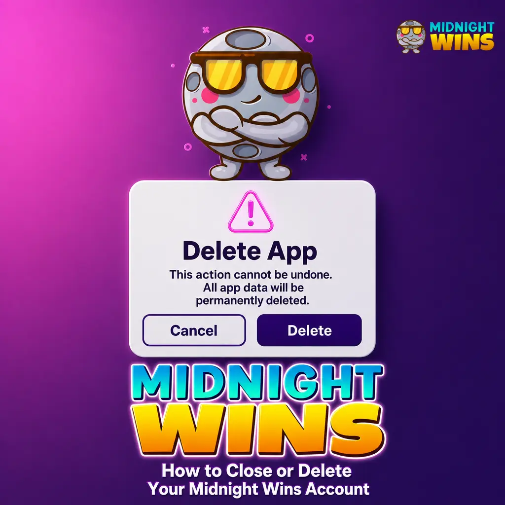 Step-by-step guide showing how to log in and close or delete a Midnight Wins account via account settings.