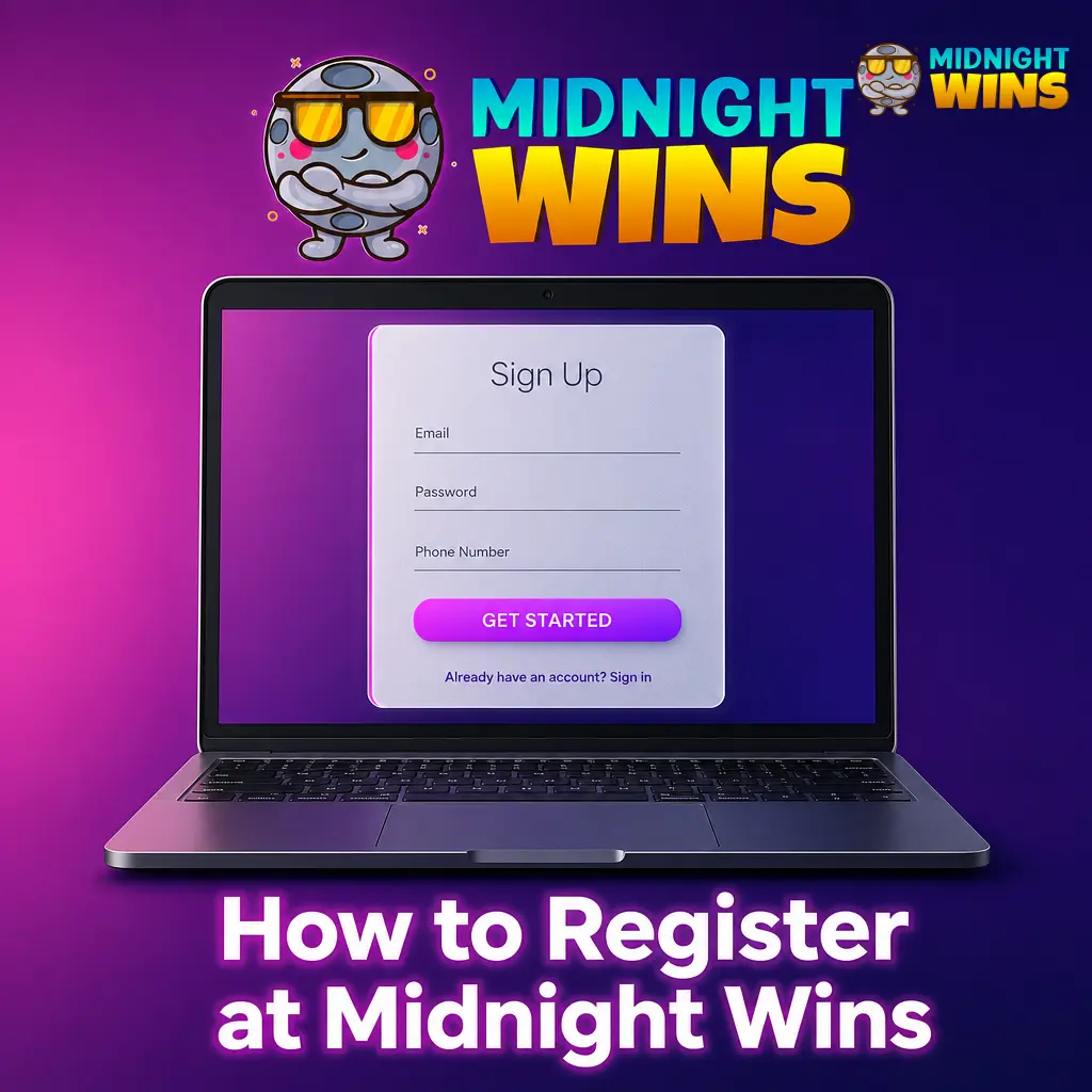 Step-by-step guide to registering at Midnight Wins, showing the UK sign-up form requiring age and ID verification.